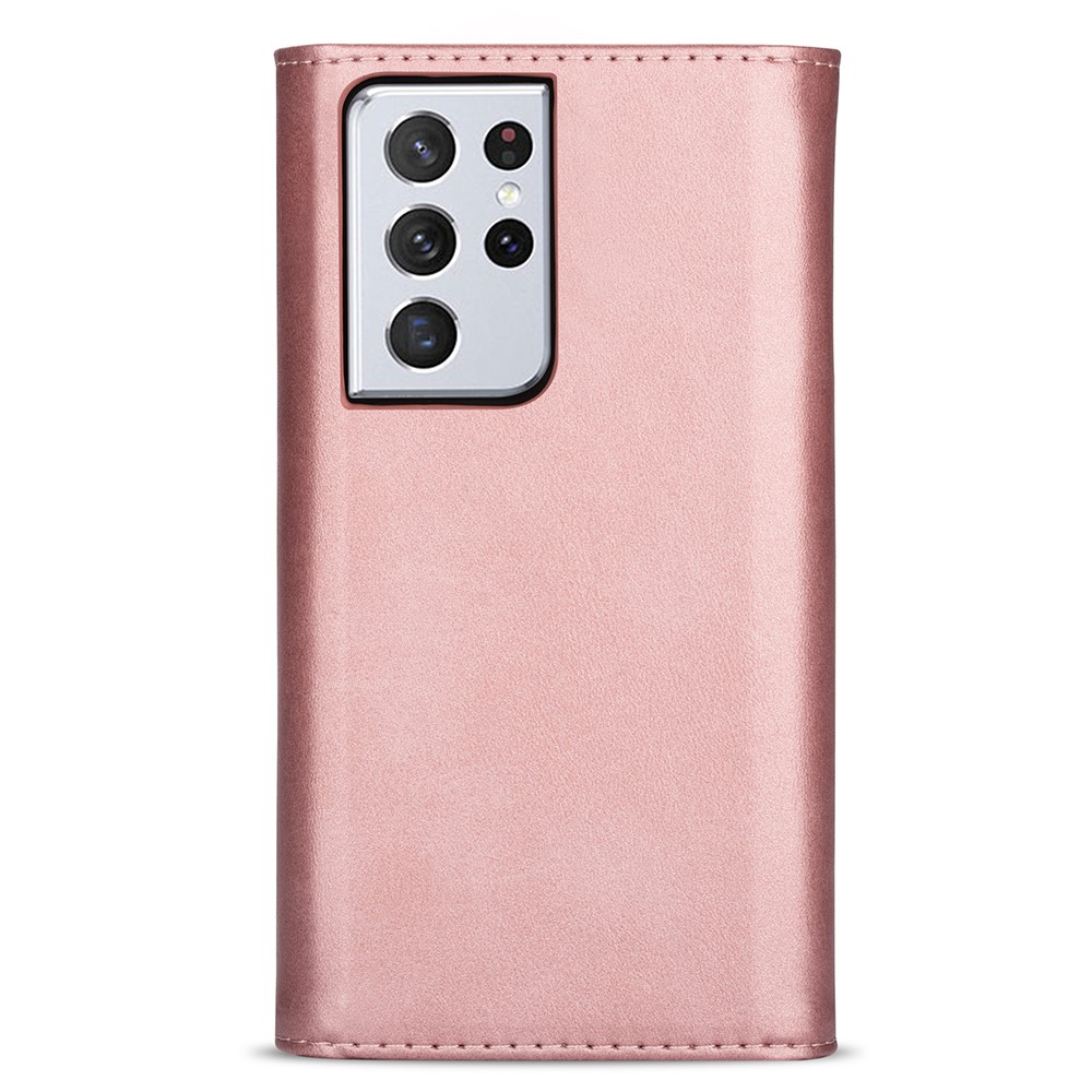 Zipper Wallet Design Leather Stand Phone Cover Shell with Short + Long Strap for Samsung Galaxy S21 Ultra 5G - Rose Gold-3