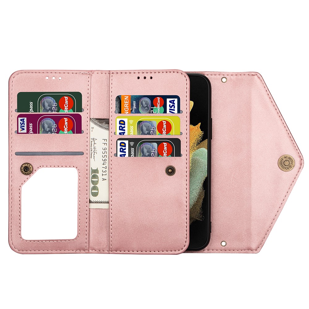 Zipper Wallet Design Leather Stand Phone Cover Shell with Short + Long Strap for Samsung Galaxy S21 Ultra 5G - Rose Gold-7