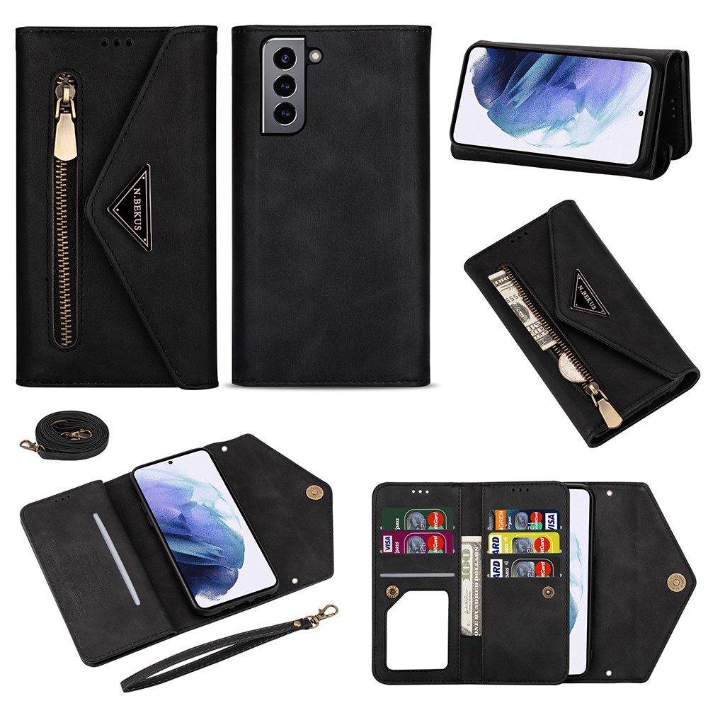 Short + Long Strap Zipper Wallet Stand Phone Cover for Samsung Galaxy S21 Plus 5G Leather Shell - Black-1