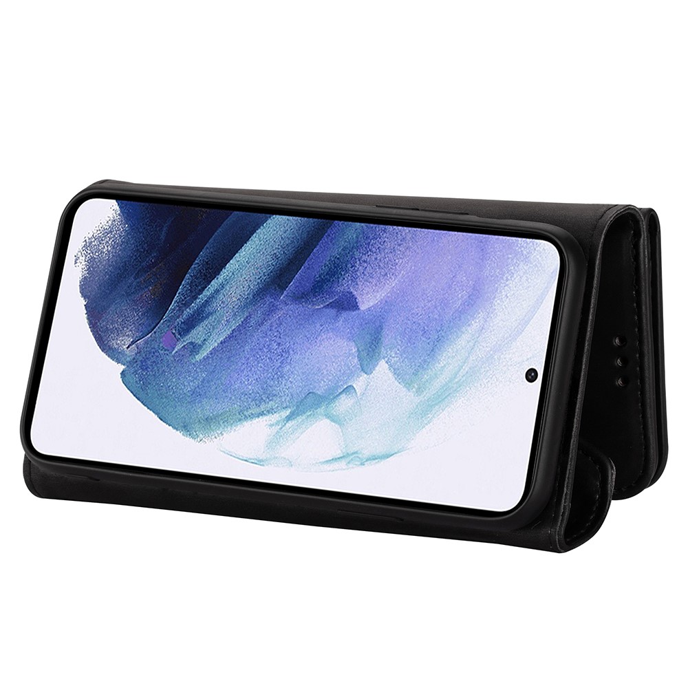 Short + Long Strap Zipper Wallet Stand Phone Cover for Samsung Galaxy S21 Plus 5G Leather Shell - Black-6