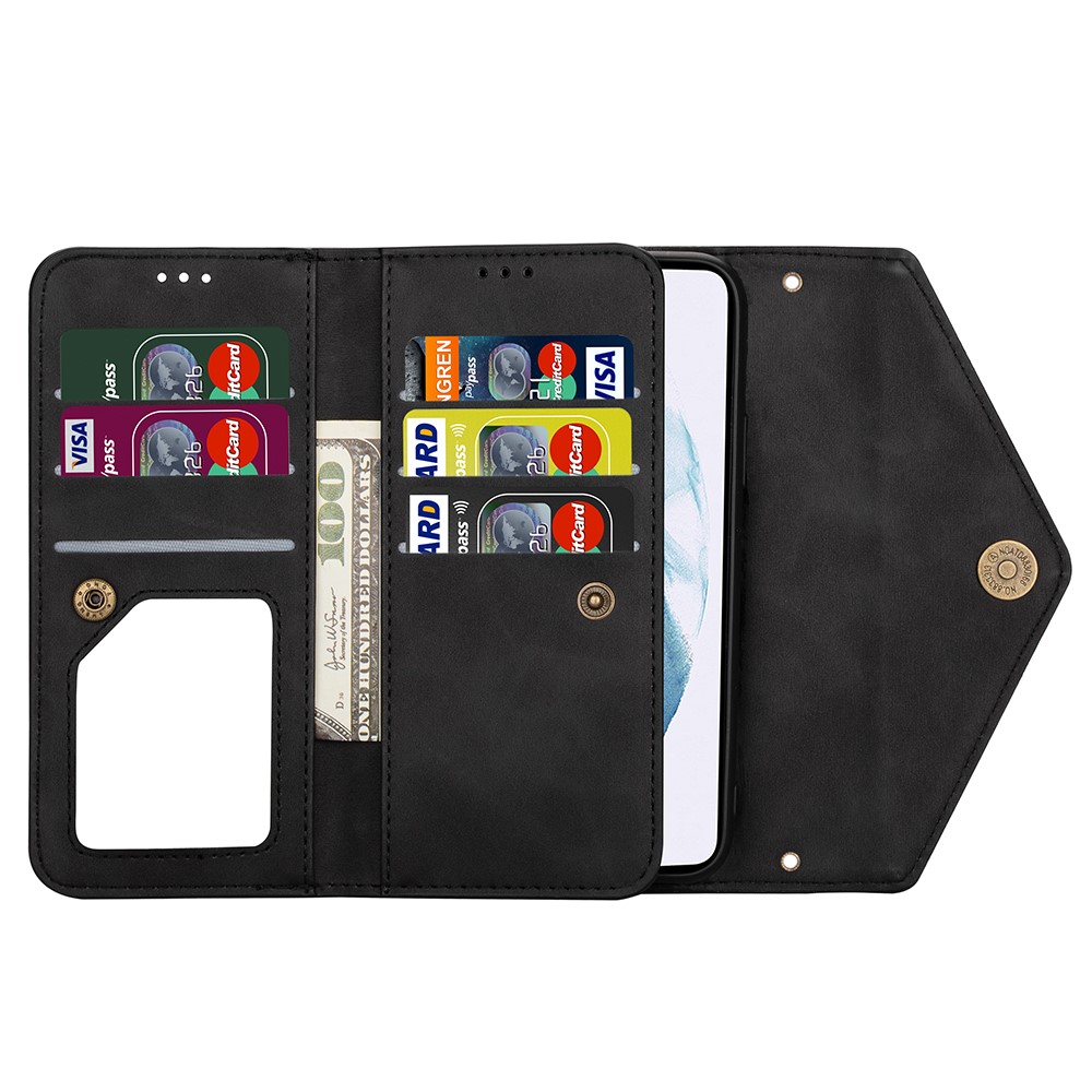 Short + Long Strap Zipper Wallet Stand Phone Cover for Samsung Galaxy S21 Plus 5G Leather Shell - Black-7
