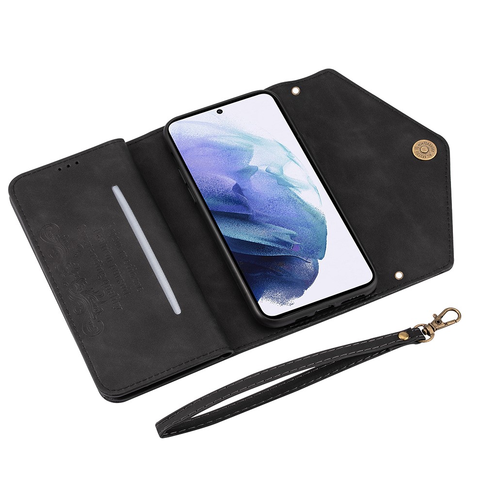 Short + Long Strap Zipper Wallet Stand Phone Cover for Samsung Galaxy S21 Plus 5G Leather Shell - Black-8
