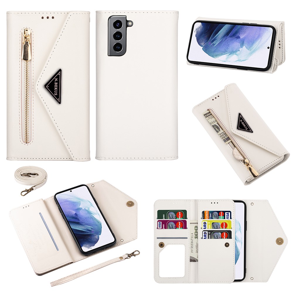 Short + Long Strap Zipper Wallet Stand Phone Cover for Samsung Galaxy S21 Plus 5G Leather Shell - White-1