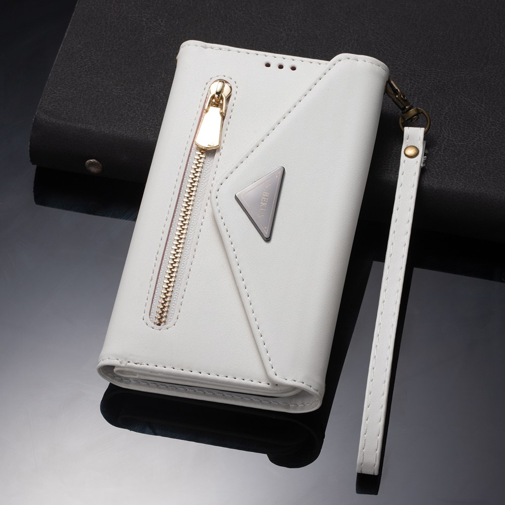 Short + Long Strap Zipper Wallet Stand Phone Cover for Samsung Galaxy S21 Plus 5G Leather Shell - White-10