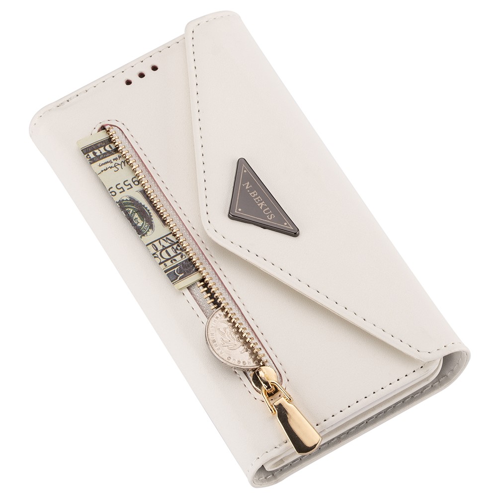 Short + Long Strap Zipper Wallet Stand Phone Cover for Samsung Galaxy S21 Plus 5G Leather Shell - White-4