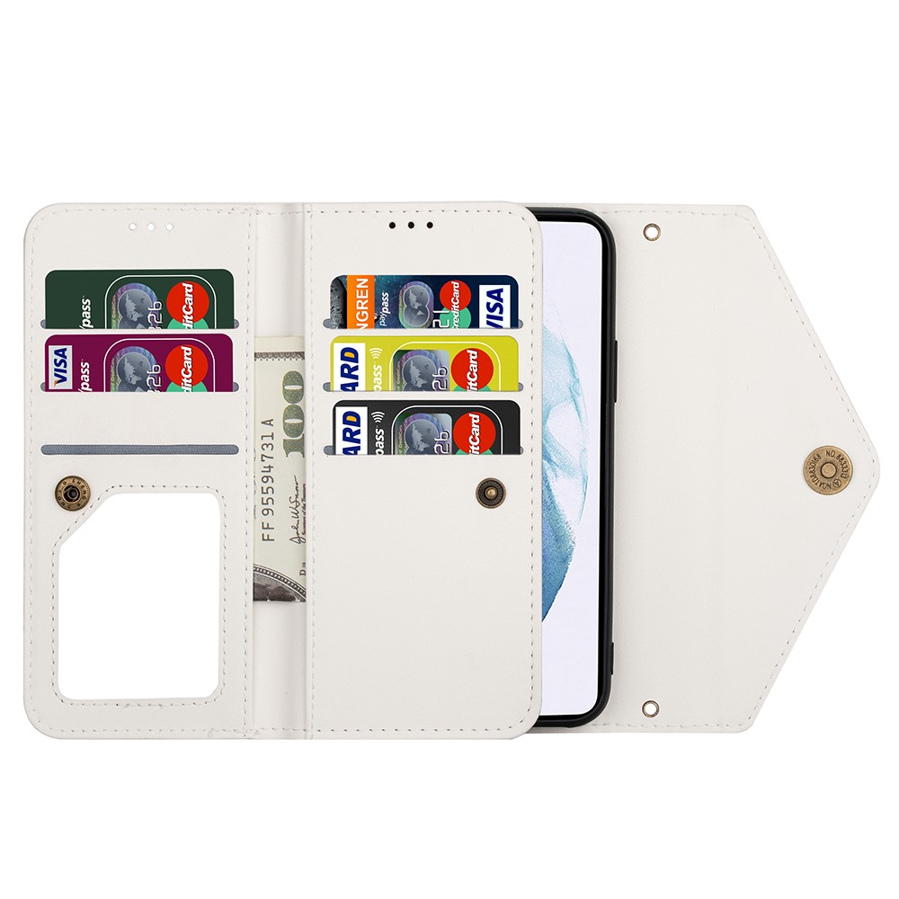 Short + Long Strap Zipper Wallet Stand Phone Cover for Samsung Galaxy S21 Plus 5G Leather Shell - White-6