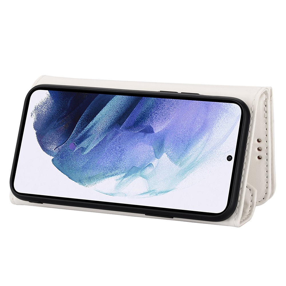 Short + Long Strap Zipper Wallet Stand Phone Cover for Samsung Galaxy S21 Plus 5G Leather Shell - White-7