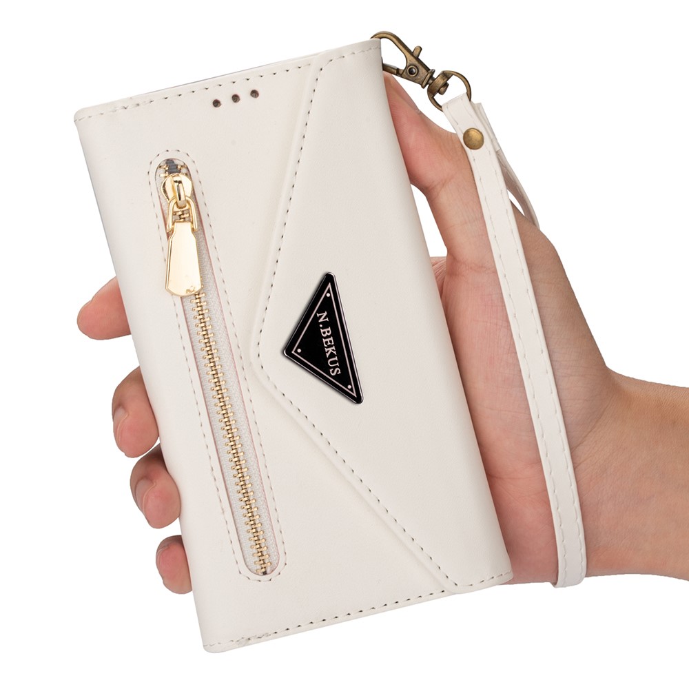 Short + Long Strap Zipper Wallet Stand Phone Cover for Samsung Galaxy S21 Plus 5G Leather Shell - White-9