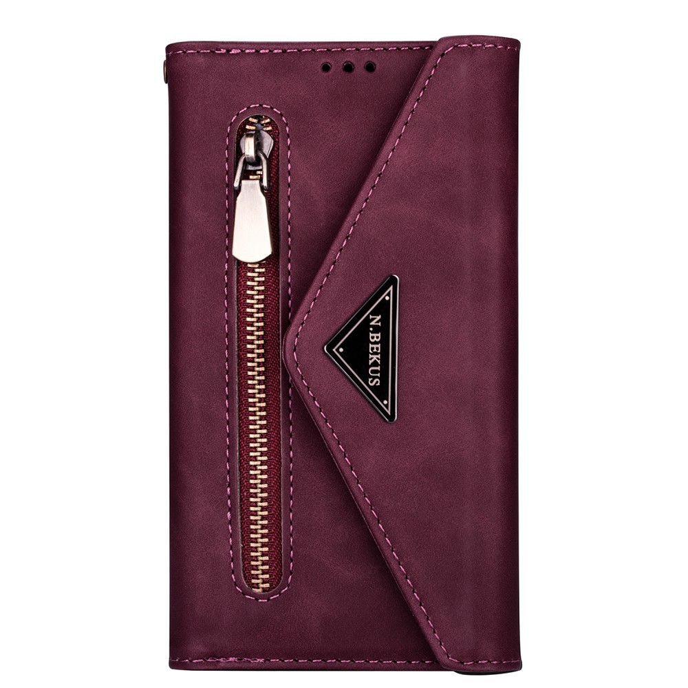 Short + Long Strap Zipper Wallet Stand Phone Cover for Samsung Galaxy S21 Plus 5G Leather Shell - Wine Red-2