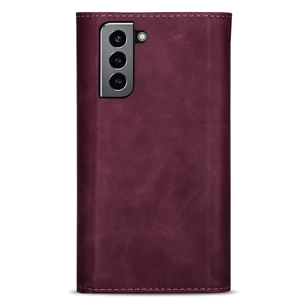 Short + Long Strap Zipper Wallet Stand Phone Cover for Samsung Galaxy S21 Plus 5G Leather Shell - Wine Red-3