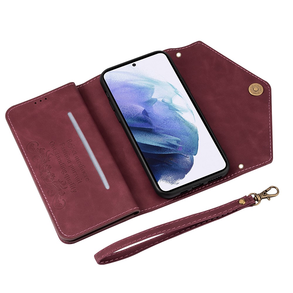 Short + Long Strap Zipper Wallet Stand Phone Cover for Samsung Galaxy S21 Plus 5G Leather Shell - Wine Red-6