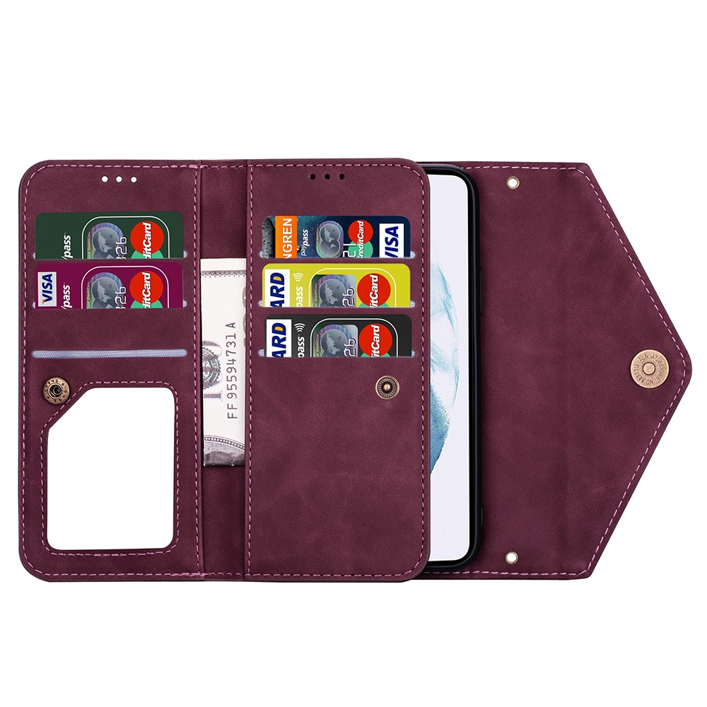 Short + Long Strap Zipper Wallet Stand Phone Cover for Samsung Galaxy S21 Plus 5G Leather Shell - Wine Red-7