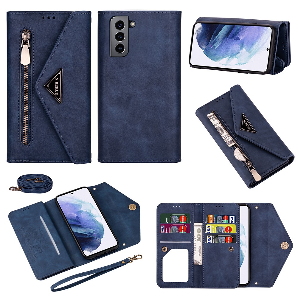 Short/Long Strap Leather Shell Zipper Wallet Stand Phone Cover for Samsung Galaxy S21 5G - Dark Blue-1