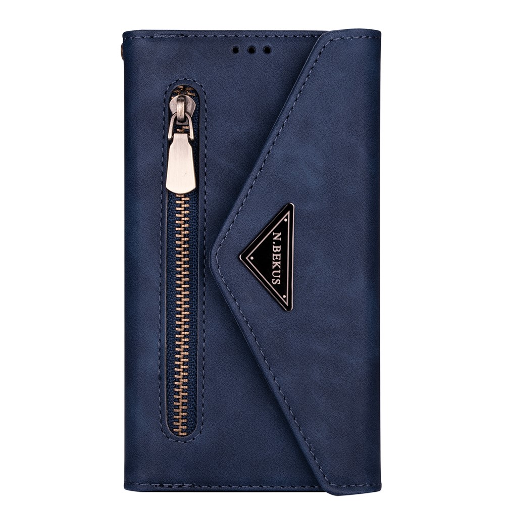 Short/Long Strap Leather Shell Zipper Wallet Stand Phone Cover for Samsung Galaxy S21 5G - Dark Blue-3
