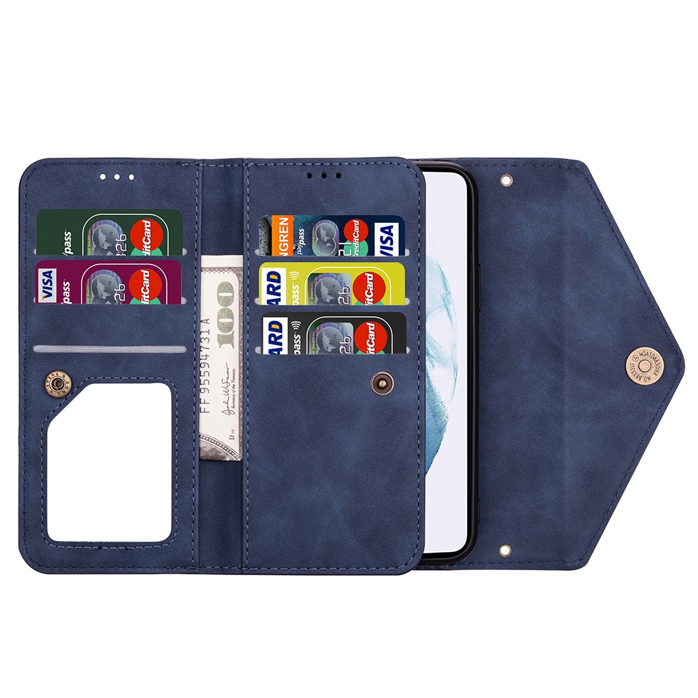Short/Long Strap Leather Shell Zipper Wallet Stand Phone Cover for Samsung Galaxy S21 5G - Dark Blue-5
