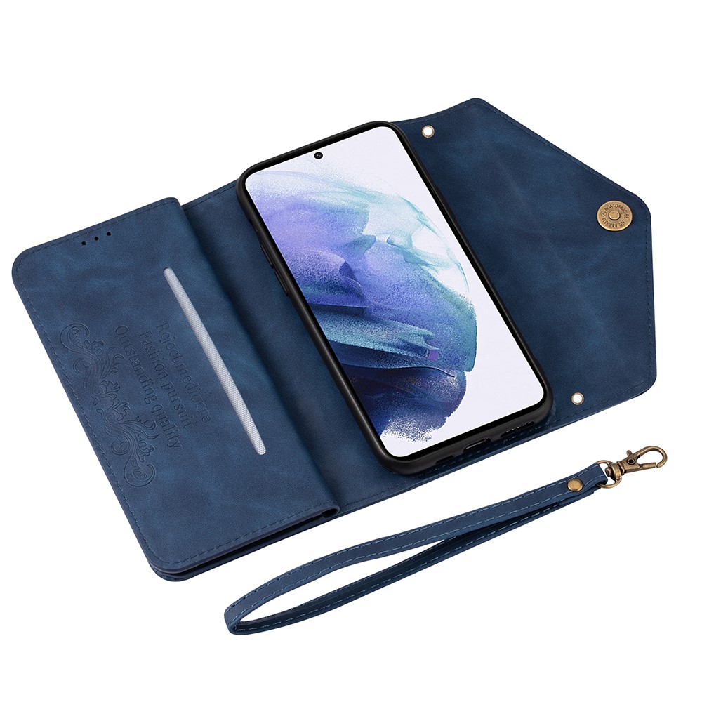 Short/Long Strap Leather Shell Zipper Wallet Stand Phone Cover for Samsung Galaxy S21 5G - Dark Blue-6