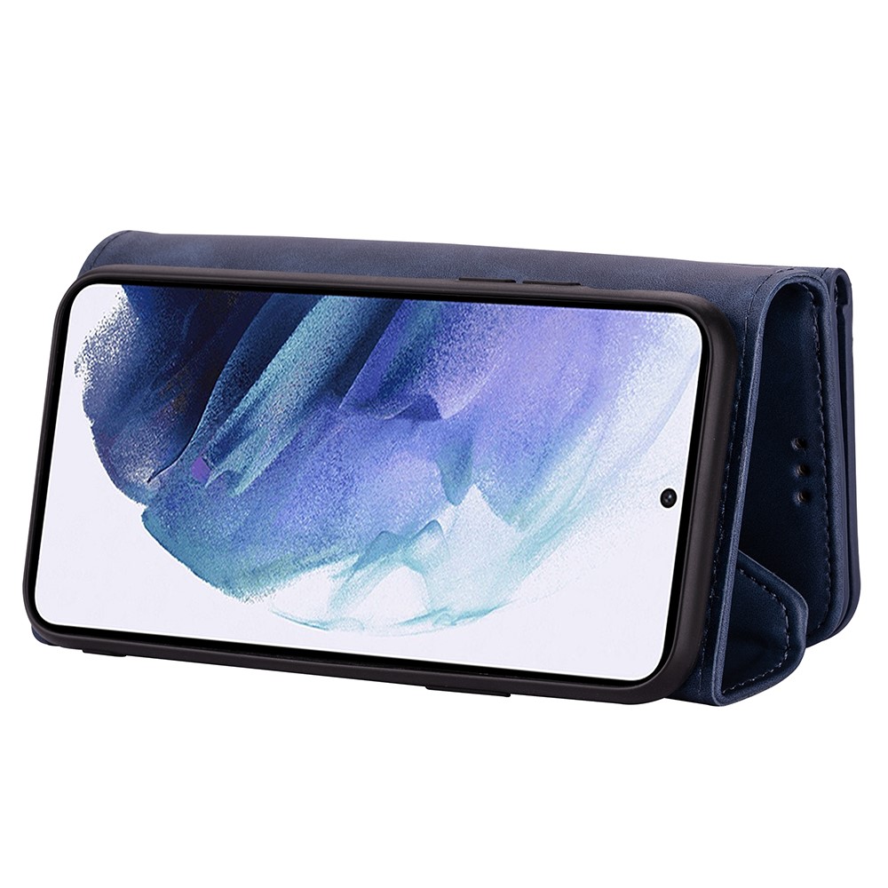 Short/Long Strap Leather Shell Zipper Wallet Stand Phone Cover for Samsung Galaxy S21 5G - Dark Blue-7