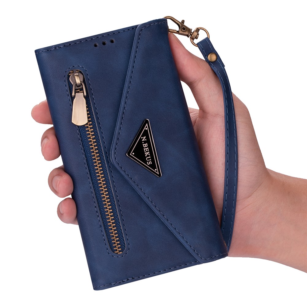 Short/Long Strap Leather Shell Zipper Wallet Stand Phone Cover for Samsung Galaxy S21 5G - Dark Blue-9