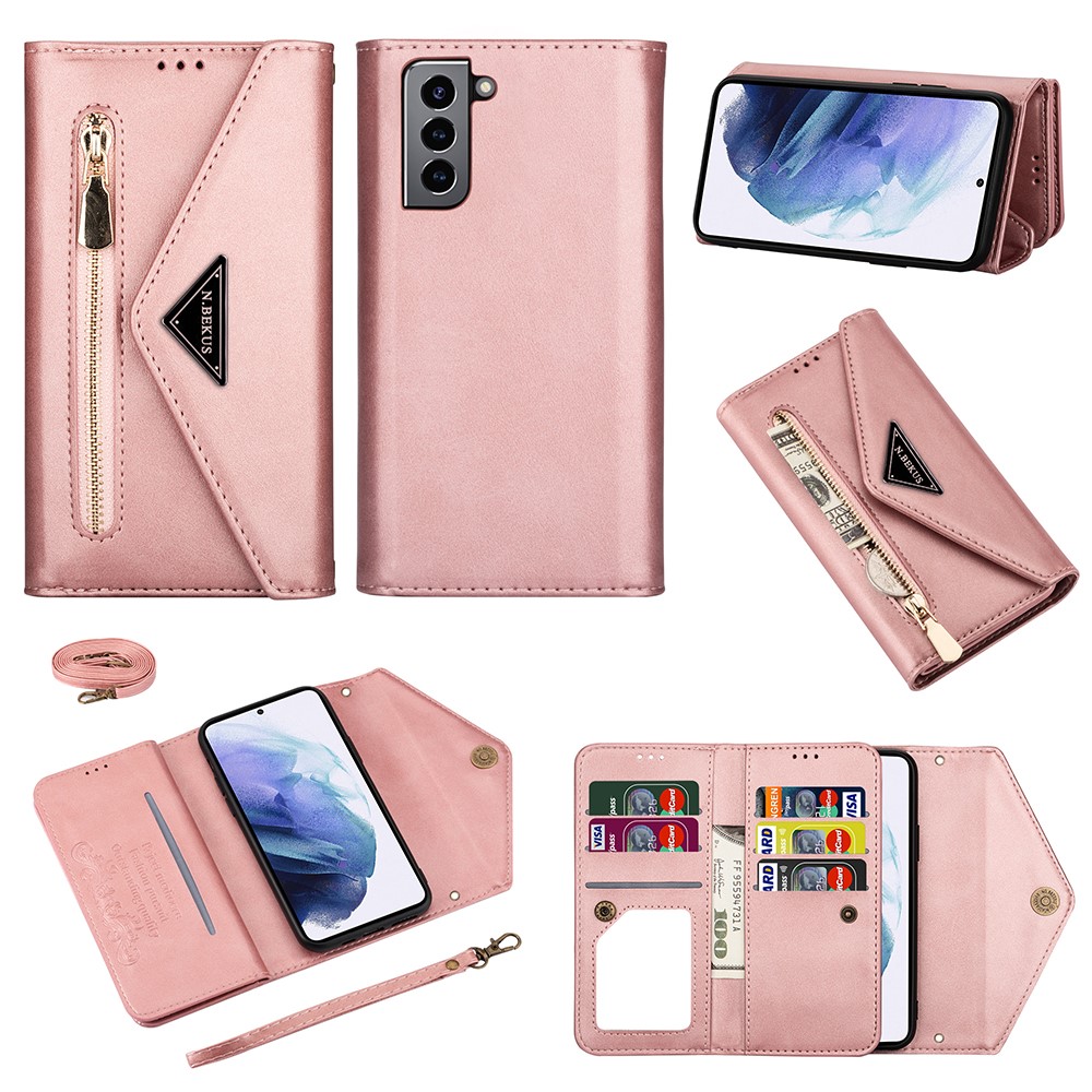 Short/Long Strap Leather Shell Zipper Wallet Stand Phone Cover for Samsung Galaxy S21 5G - Rose Gold-1
