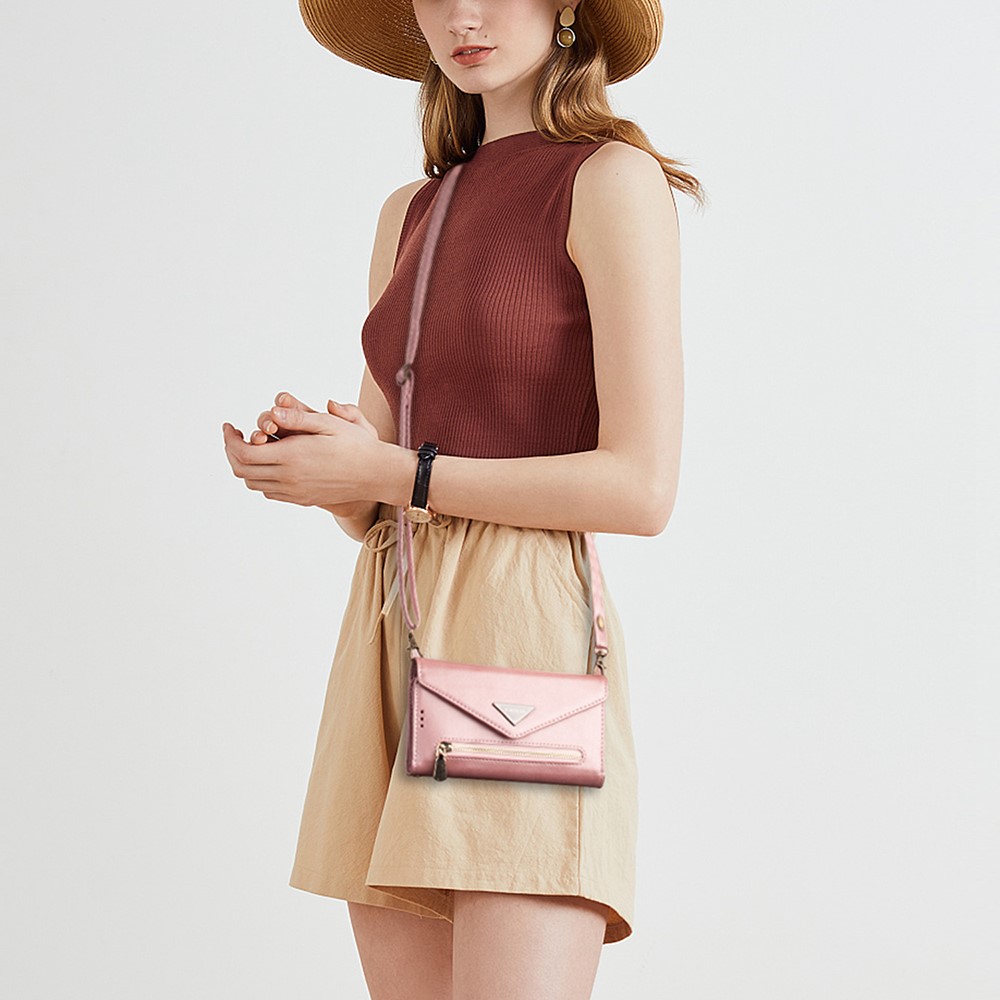 Short/Long Strap Leather Shell Zipper Wallet Stand Phone Cover for Samsung Galaxy S21 5G - Rose Gold-10