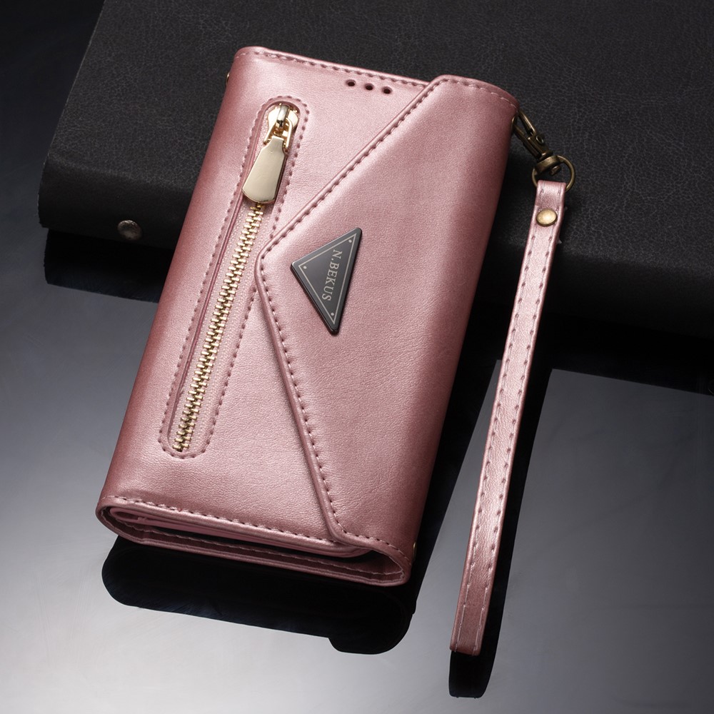Short/Long Strap Leather Shell Zipper Wallet Stand Phone Cover for Samsung Galaxy S21 5G - Rose Gold-11