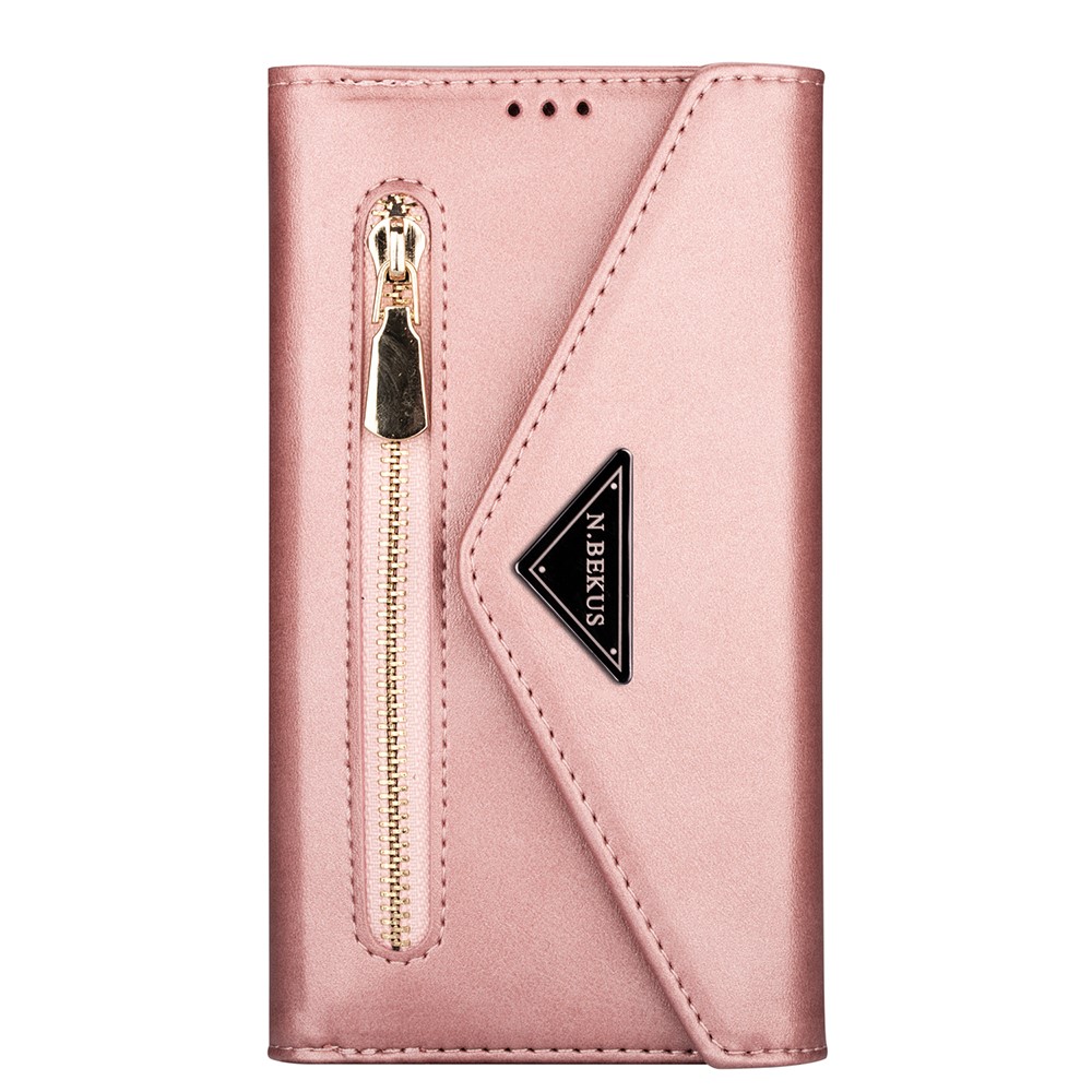 Short/Long Strap Leather Shell Zipper Wallet Stand Phone Cover for Samsung Galaxy S21 5G - Rose Gold-2