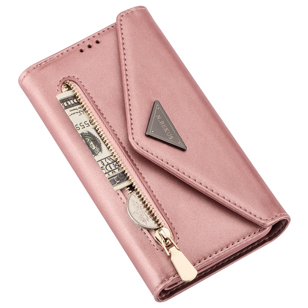 Short/Long Strap Leather Shell Zipper Wallet Stand Phone Cover for Samsung Galaxy S21 5G - Rose Gold-5