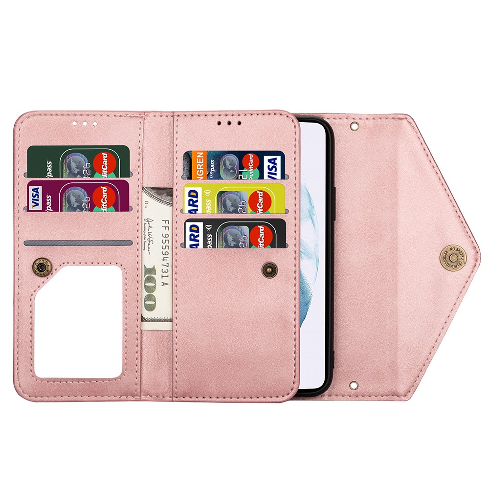Short/Long Strap Leather Shell Zipper Wallet Stand Phone Cover for Samsung Galaxy S21 5G - Rose Gold-6