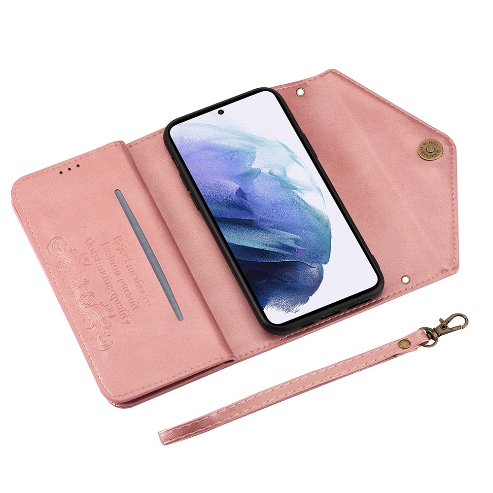 Short/Long Strap Leather Shell Zipper Wallet Stand Phone Cover for Samsung Galaxy S21 5G - Rose Gold-7