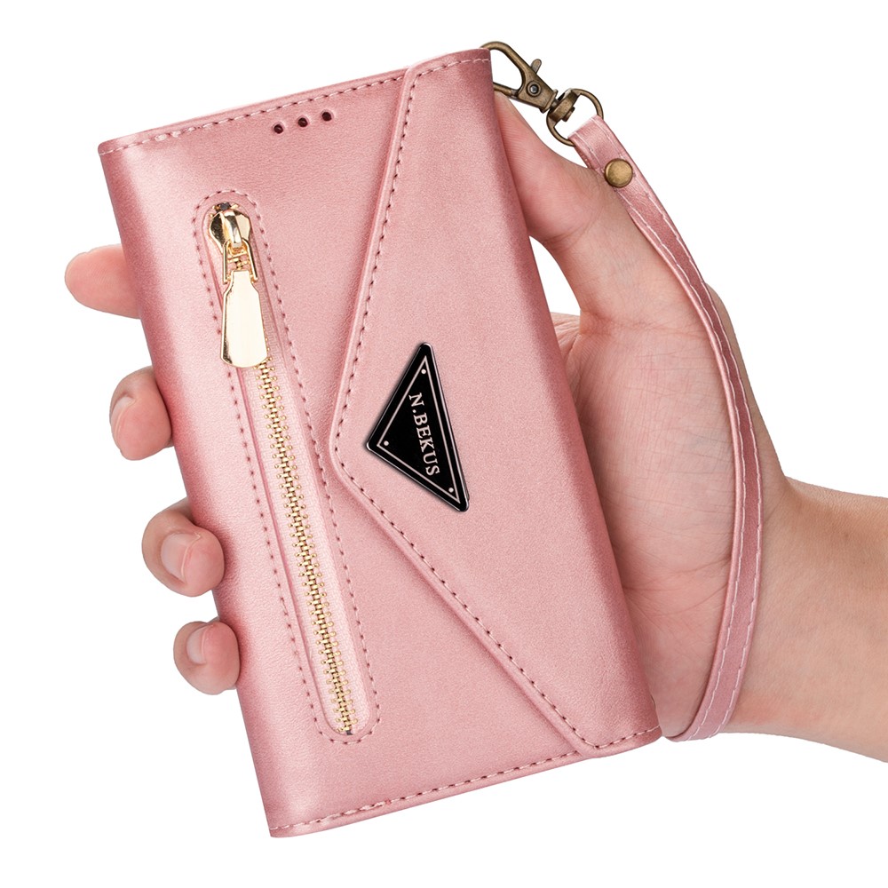 Short/Long Strap Leather Shell Zipper Wallet Stand Phone Cover for Samsung Galaxy S21 5G - Rose Gold-8