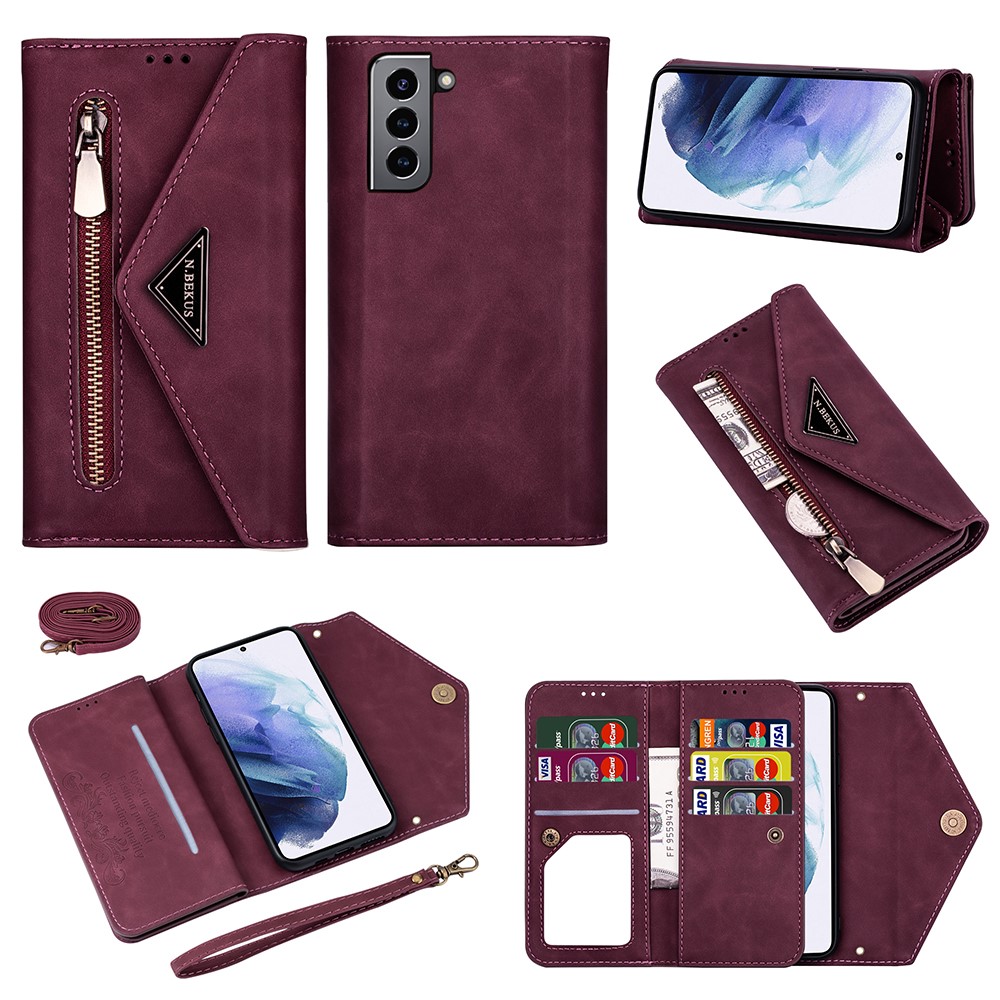 Short/Long Strap Leather Shell Zipper Wallet Stand Phone Cover for Samsung Galaxy S21 5G - Wine Red-1