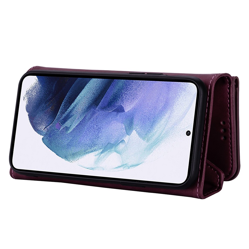 Short/Long Strap Leather Shell Zipper Wallet Stand Phone Cover for Samsung Galaxy S21 5G - Wine Red-6