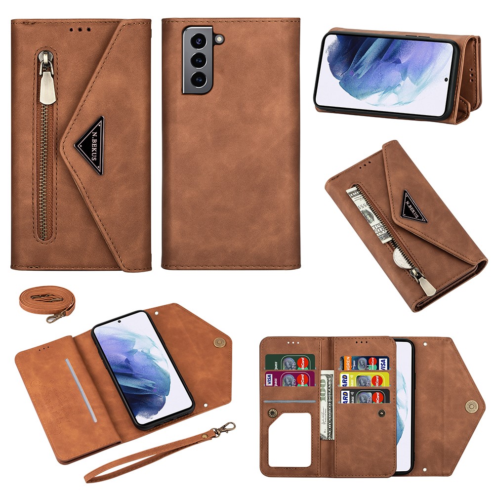 Short/Long Strap Leather Shell Zipper Wallet Stand Phone Cover for Samsung Galaxy S21 5G - Brown-1