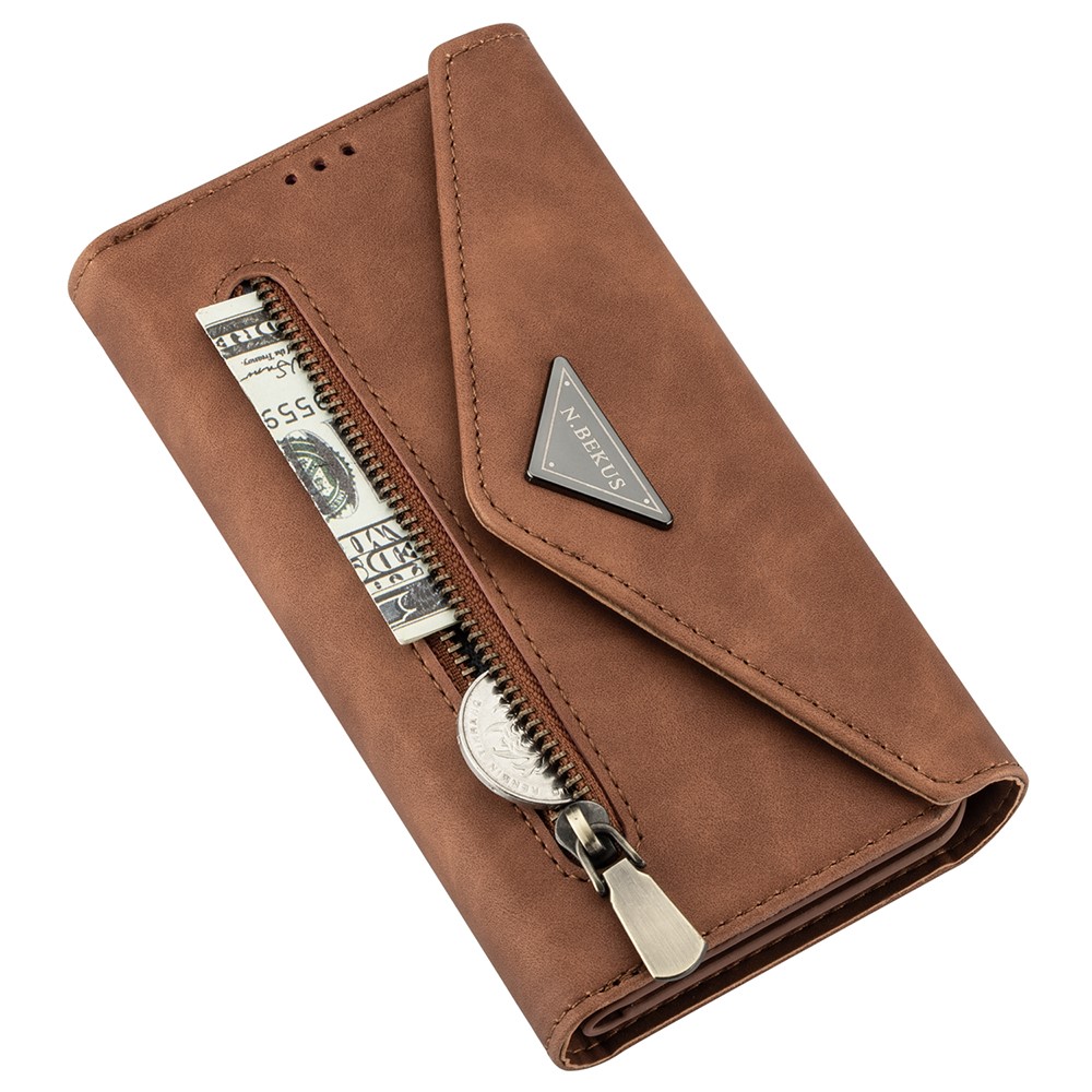 Short/Long Strap Leather Shell Zipper Wallet Stand Phone Cover for Samsung Galaxy S21 5G - Brown-9