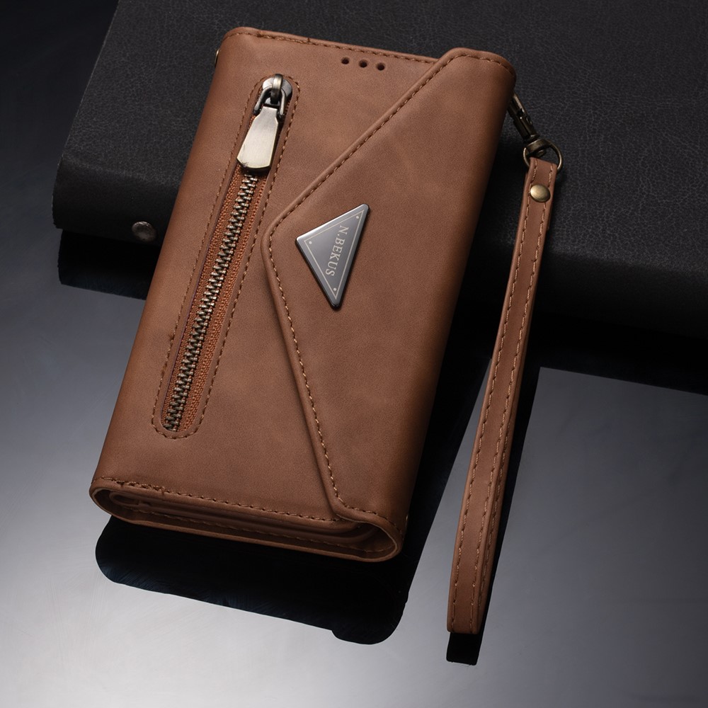 Short/Long Strap Leather Shell Zipper Wallet Stand Phone Cover for Samsung Galaxy S21 5G - Brown-10