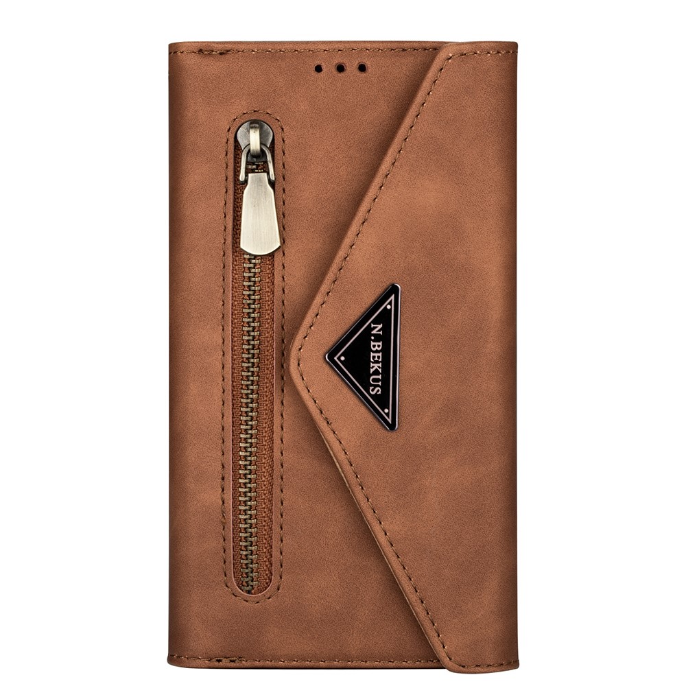 Short/Long Strap Leather Shell Zipper Wallet Stand Phone Cover for Samsung Galaxy S21 5G - Brown-2