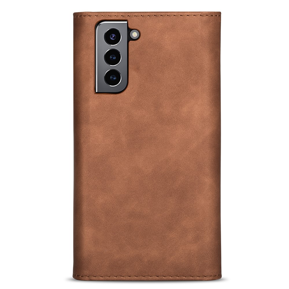 Short/Long Strap Leather Shell Zipper Wallet Stand Phone Cover for Samsung Galaxy S21 5G - Brown-3