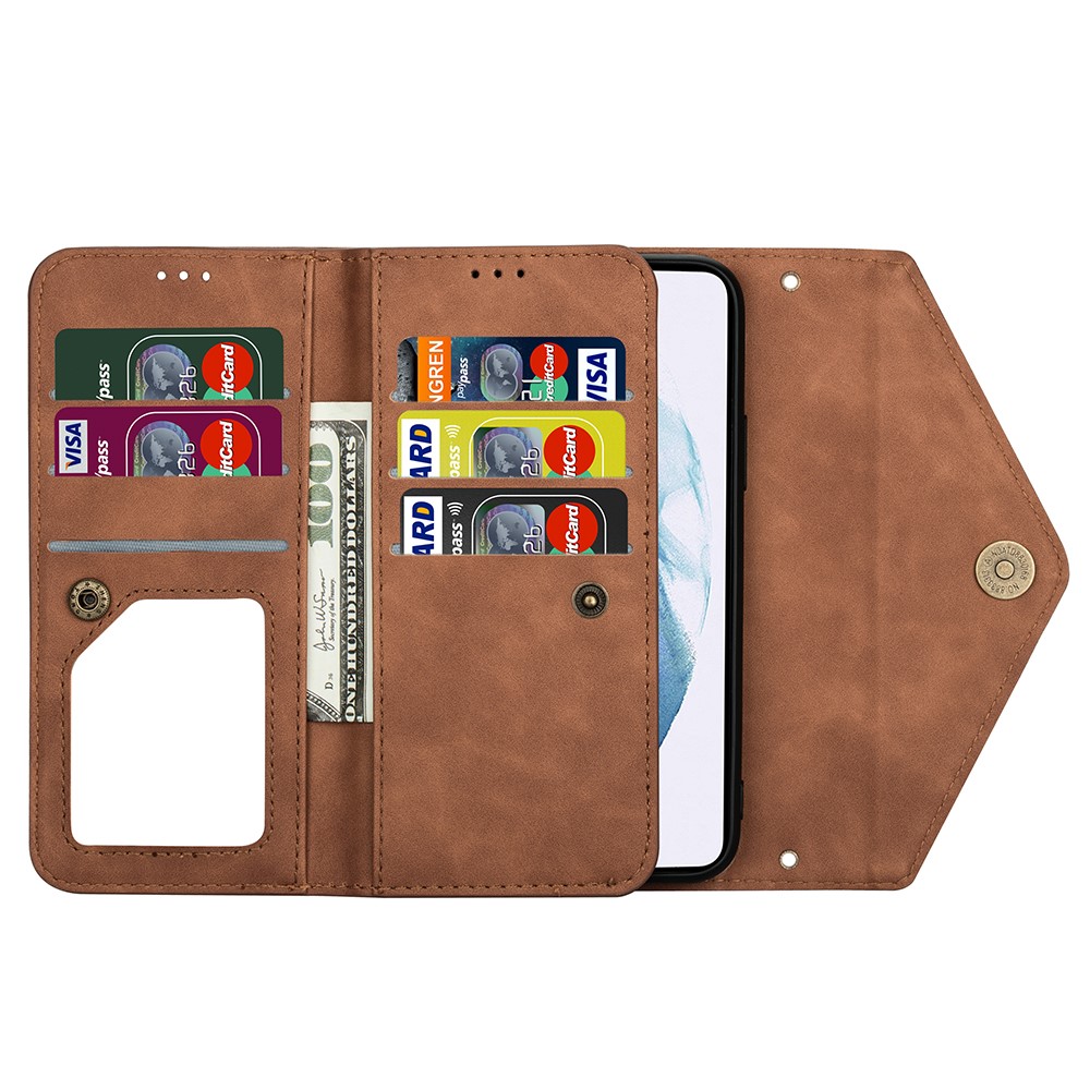 Short/Long Strap Leather Shell Zipper Wallet Stand Phone Cover for Samsung Galaxy S21 5G - Brown-4