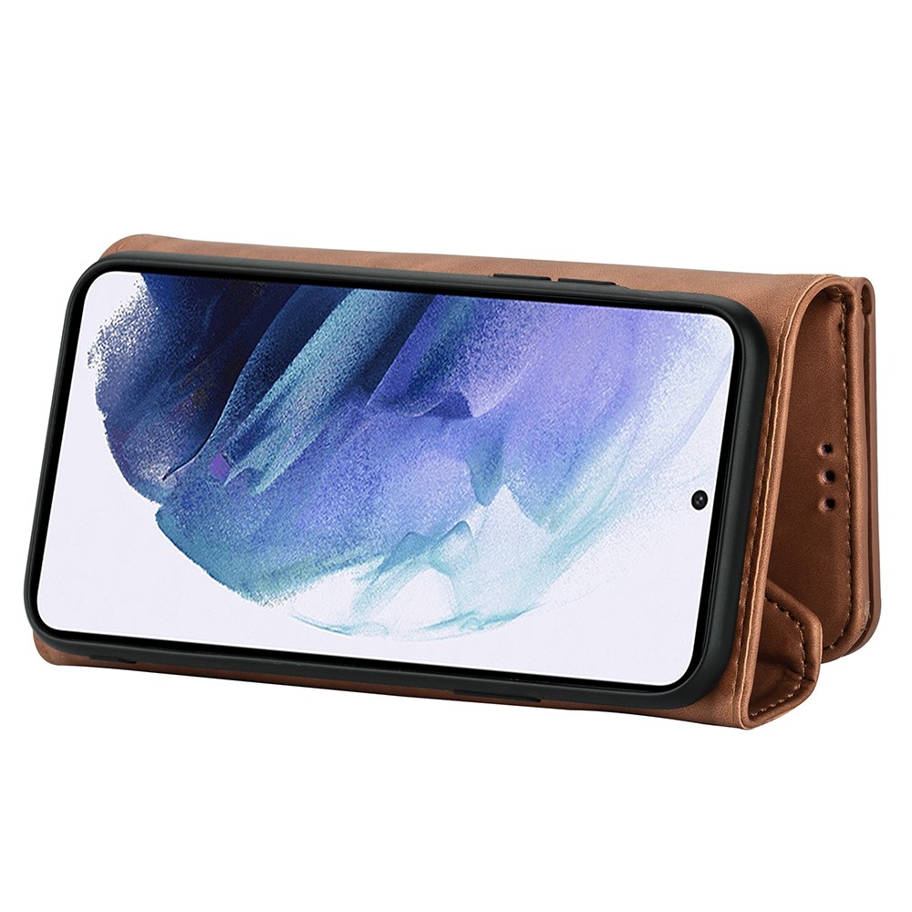 Short/Long Strap Leather Shell Zipper Wallet Stand Phone Cover for Samsung Galaxy S21 5G - Brown-5