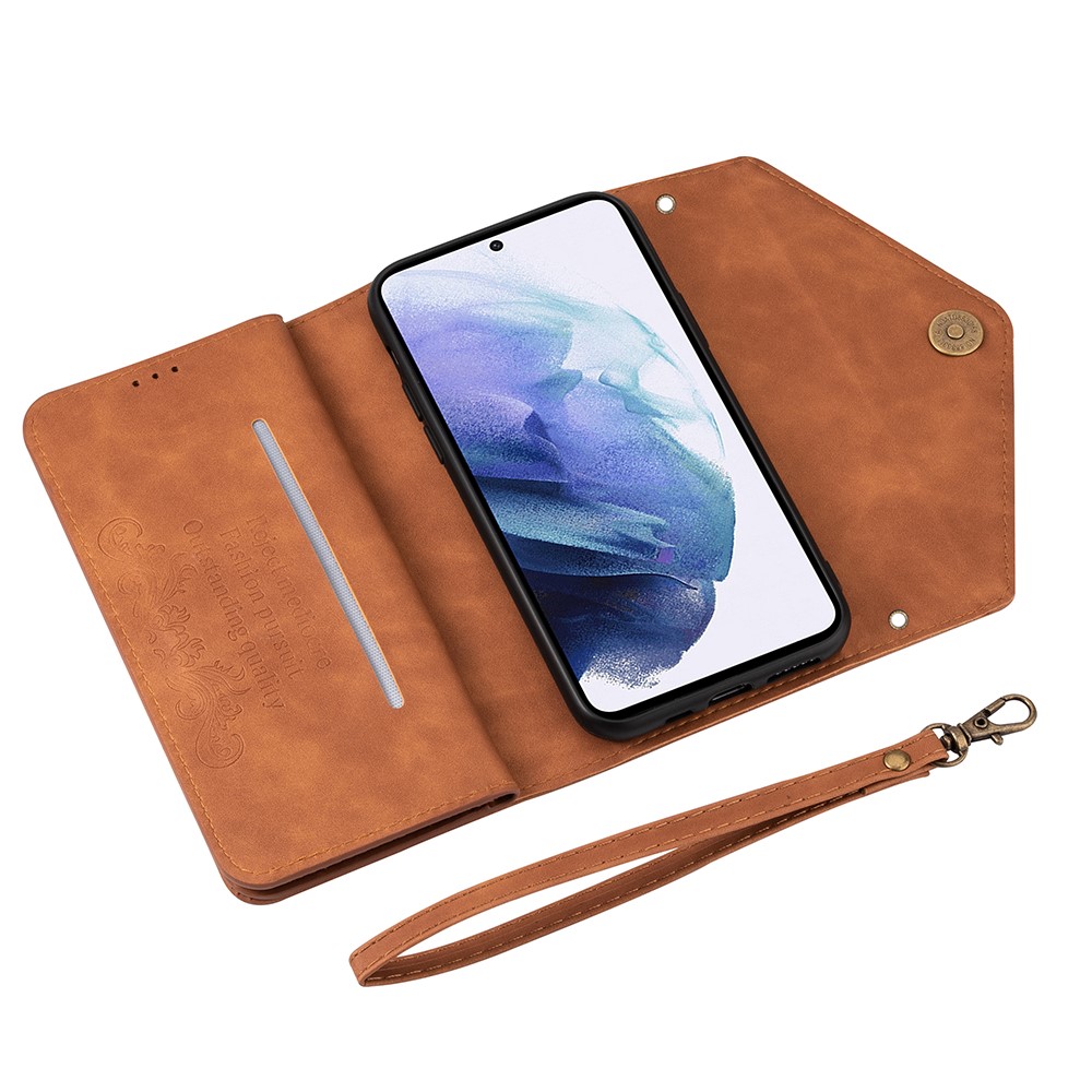 Short/Long Strap Leather Shell Zipper Wallet Stand Phone Cover for Samsung Galaxy S21 5G - Brown-6