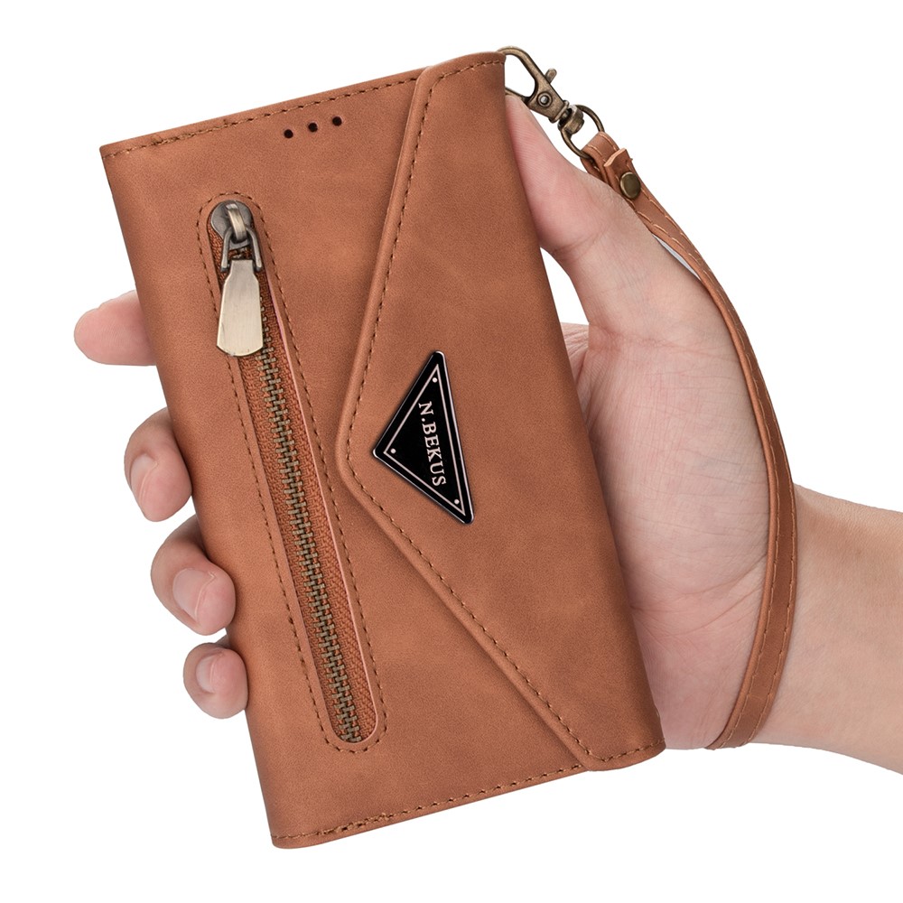 Short/Long Strap Leather Shell Zipper Wallet Stand Phone Cover for Samsung Galaxy S21 5G - Brown-7