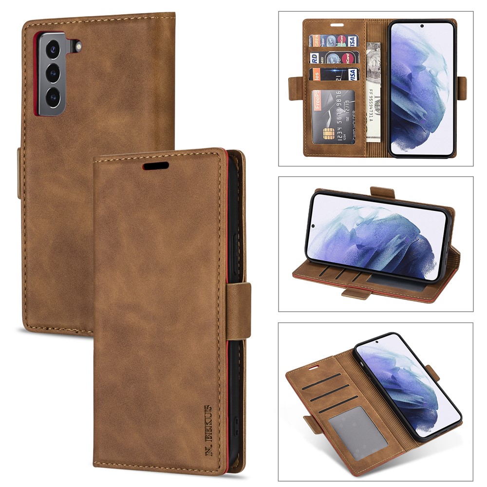 N.BEKUS Skin Feeling PU Leather Wallet Phone Stand Case for Samsung Galaxy S21+ - Brown-1