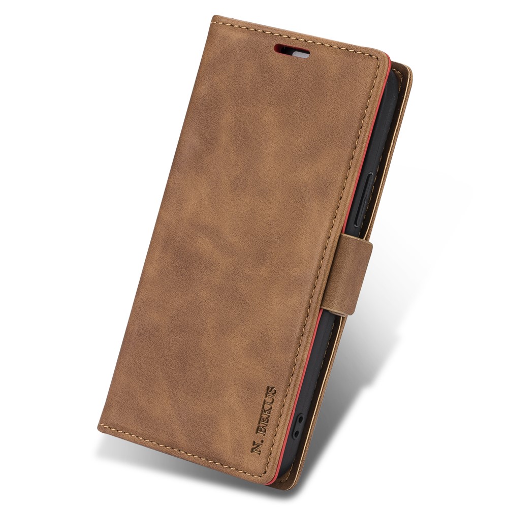 N.BEKUS Skin Feeling PU Leather Wallet Phone Stand Case for Samsung Galaxy S21+ - Brown-7