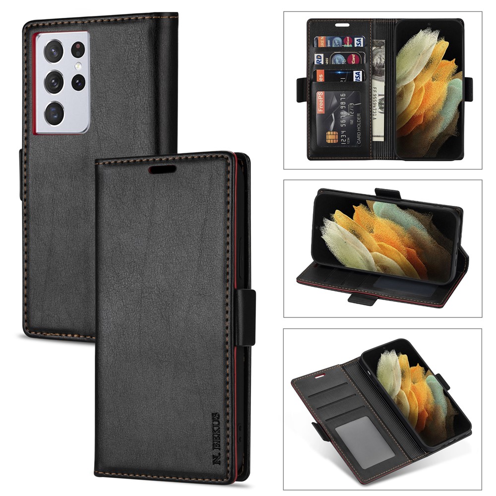 N.BEKUS Skin Feeling PU Leather Wallet Stand Protective Case for Samsung Galaxy S21 Ultra 5G - Black-1