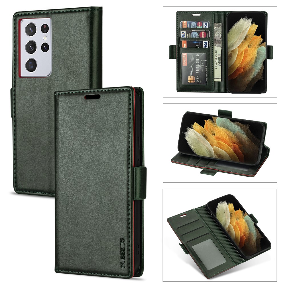 N.BEKUS Skin Feeling PU Leather Wallet Stand Protective Case for Samsung Galaxy S21 Ultra 5G - Green-1