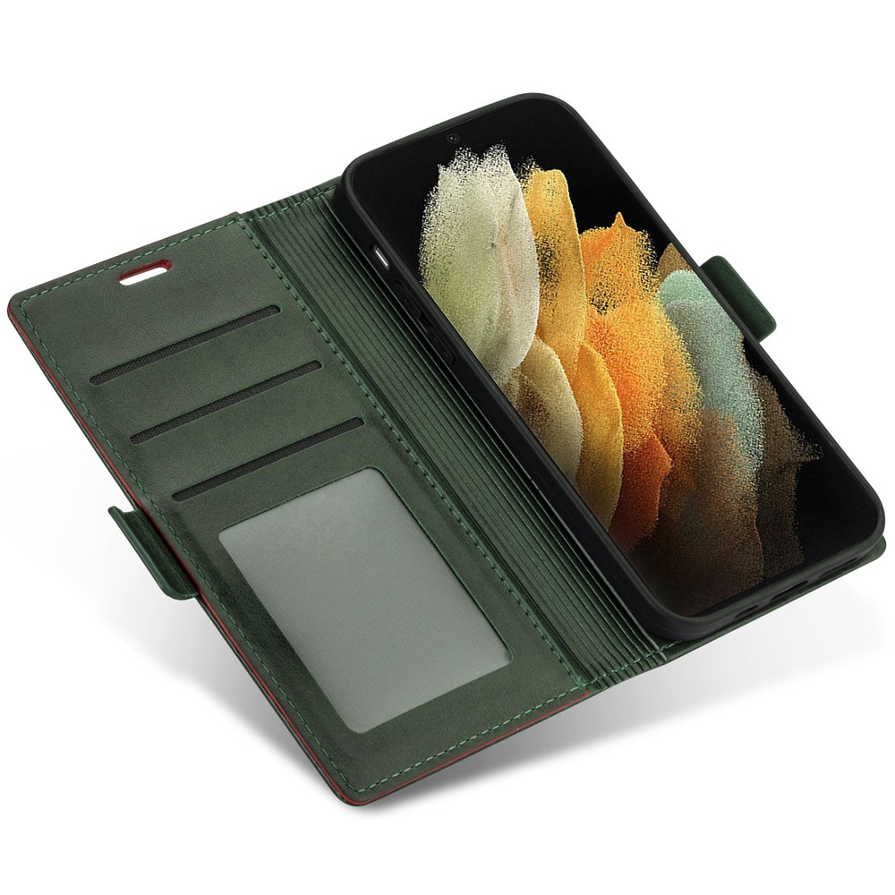 N.BEKUS Skin Feeling PU Leather Wallet Stand Protective Case for Samsung Galaxy S21 Ultra 5G - Green-5