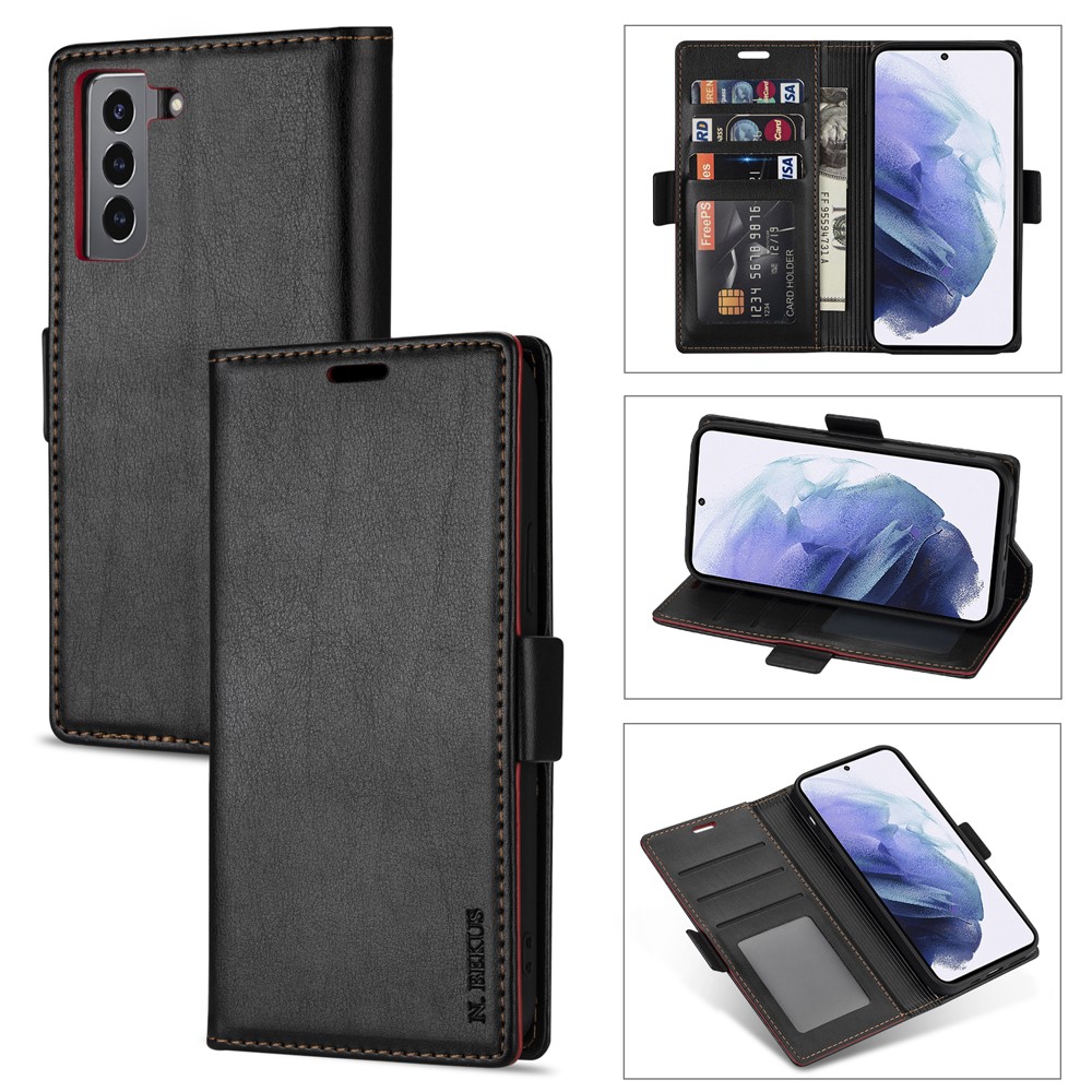 N.BEKUS for Samsung Galaxy S21 Skin Feeling PU Leather Wallet Stand Protective Case - Black-1