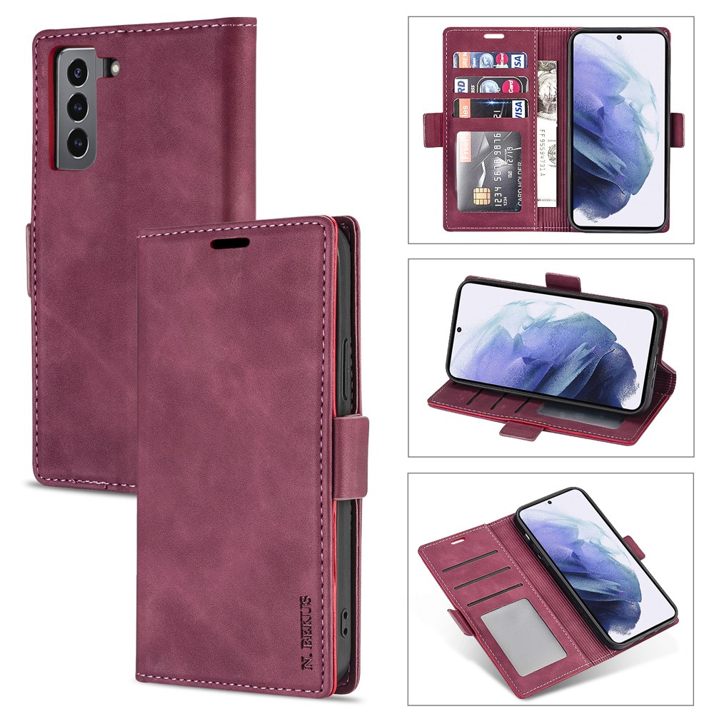 N.BEKUS for Samsung Galaxy S21 Skin Feeling PU Leather Wallet Stand Protective Case - Wine Red-1