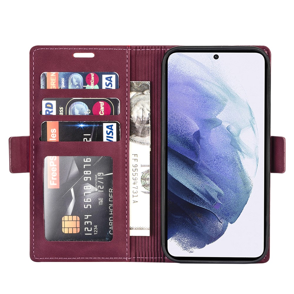 N.BEKUS for Samsung Galaxy S21 Skin Feeling PU Leather Wallet Stand Protective Case - Wine Red-6