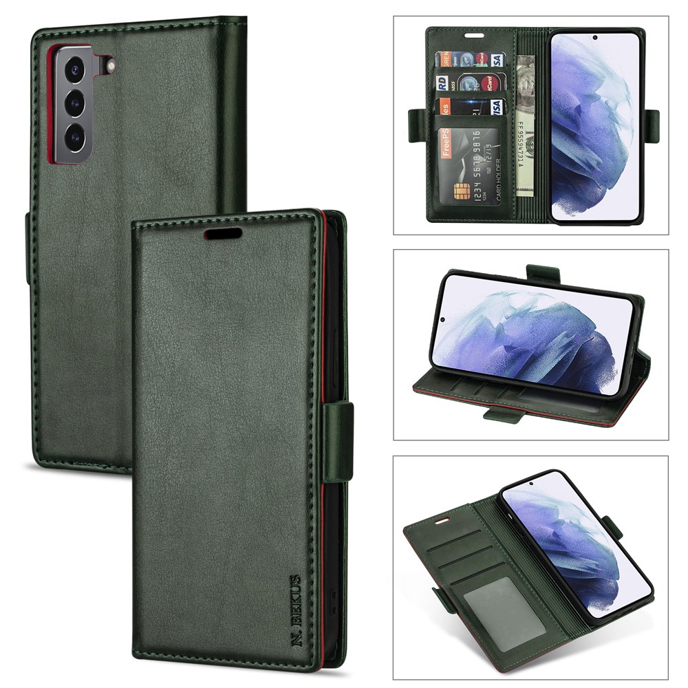 N.BEKUS for Samsung Galaxy S21 Skin Feeling PU Leather Wallet Stand Protective Case - Green-1